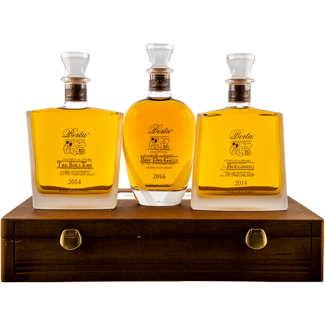 Berta Grappa Coffret Crû Roccavino, Bric del Gaian, Tre Soli Tre 45%